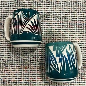 Vintage Native American Navajo Etched Southwestern Pottery Coffee Mugs Signed